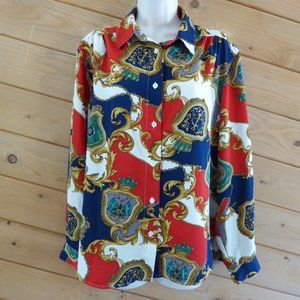Alfred Dunner Vintage Anchor Crest Scarf Unique Long Sleeve Blouse Shirt Top L